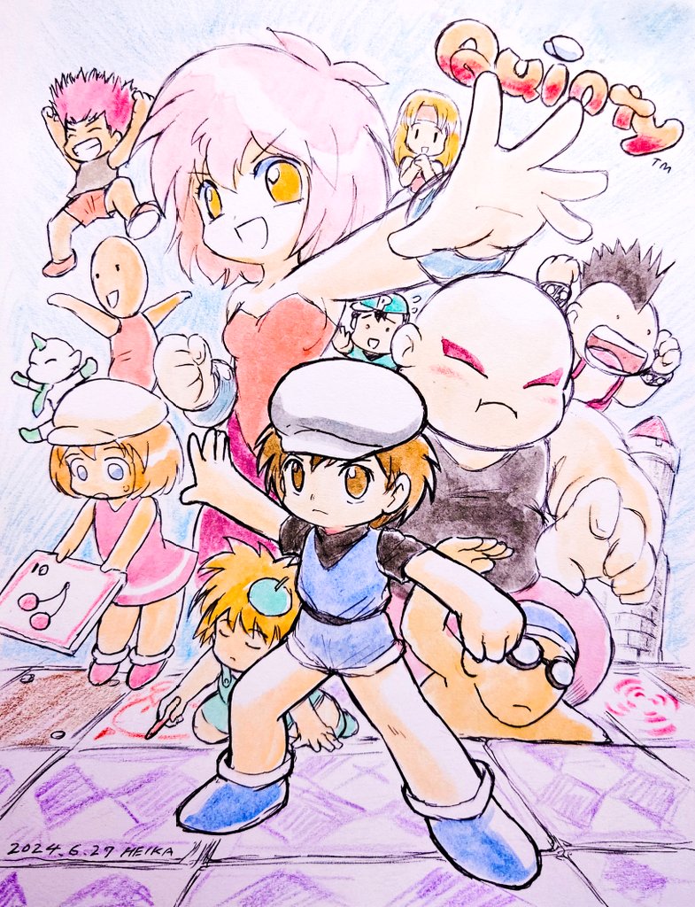 5girls, 6+boys, acrobat_(quinty), artist_(quinty), artist_name, bald, bald_female, ballerina_(quinty), beret, black_hair, black_shirt, blonde_hair, blue_eyes, blue_hat, blue_shoes, blue_shorts, blue_tank_top, bracelet, breasts, brown_eyes, brown_hair, carton_(quinty), child, clenched_hand, closed_mouth, commentary, copyright_name, crayon, crayon_drawing, dated, drawing_(action), dress, everyone, goggles, graffiti, green_necktie, grin, hat, headband, heika_(heikahp), holding, holding_crayon, horns, jenny_(quinty), jewelry, jumper_(quinty), leotard, long_hair, looking_at_viewer, medium_hair, mimi_(quinty), mohawk, multiple_boys, multiple_girls, necktie, newsboy_cap, open_hand, open_mouth, own_hands_together, pantyhose, parton_(quinty), pink_dress, pink_hair, pink_headband, pink_pantyhose, pink_shoes, plump_(quinty), quinty, quinty_(character), red_leotard, red_shorts, shirt, shoes, short_hair, short_shorts, short_sleeves, shorts, single_horn, small_breasts, smile, standing, strapless, strapless_leotard, studded_bracelet, swim_cap, swim_goggles, swimmer_(quinty), tank_top, traditional_media, walkman_(quinty), white_hat, yellow_eyes