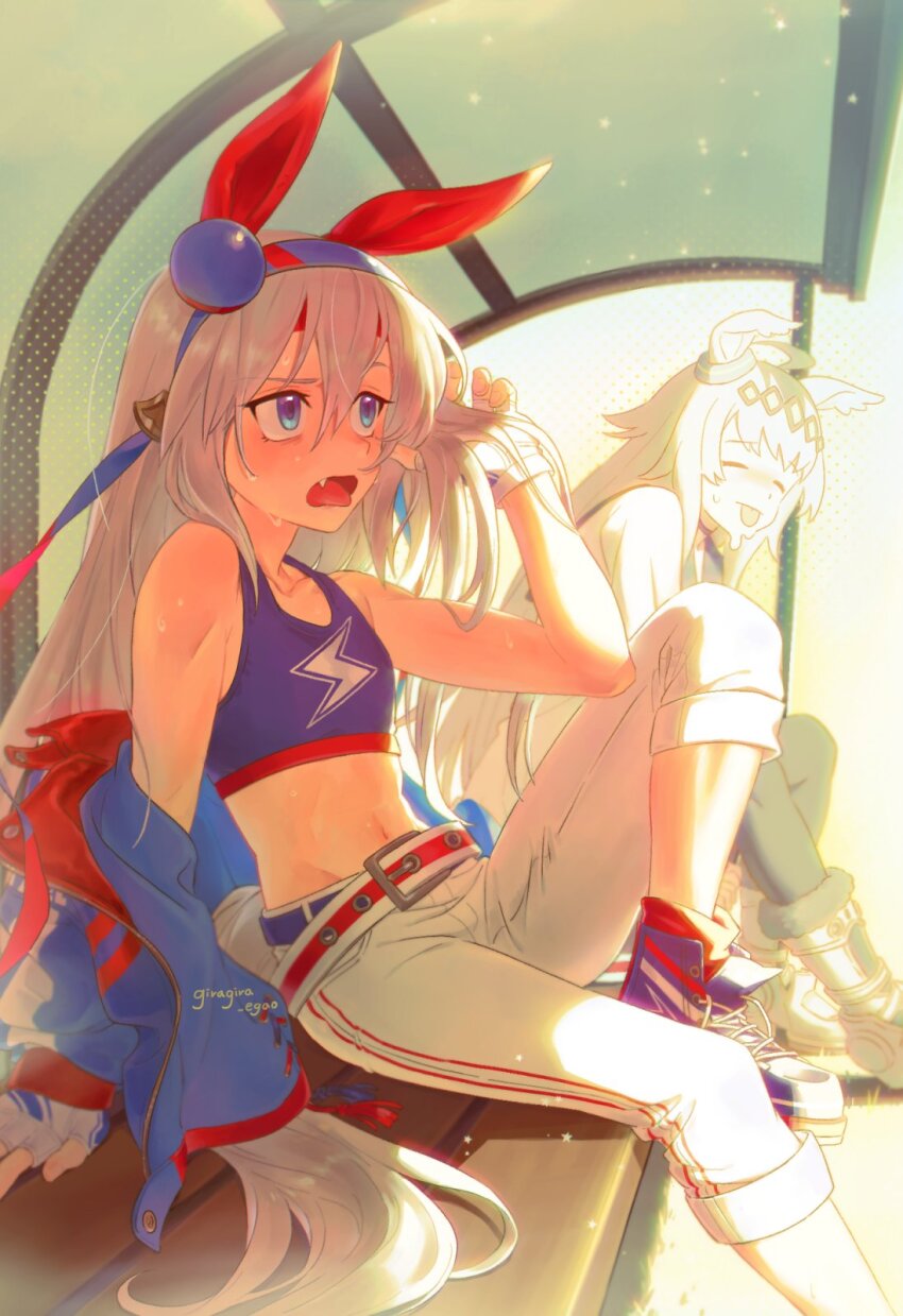 2girls, ahoge, animal_ears, bare_shoulders, belt, bench, black_pantyhose, blue_eyes, blue_hairband, blue_jacket, blue_sailor_collar, blush, boots, breasts, bus_stop, closed_eyes, closed_mouth, collarbone, crop_top, ear_covers, ear_ornament, fang, fingerless_gloves, giragira_egao, gloves, grey_hair, grey_tail, hair_between_eyes, hairband, headband, highres, horse_ears, horse_girl, horse_tail, jacket, lightning_bolt_symbol, long_hair, long_sleeves, midriff, multicolored_hair, multiple_girls, navel, oguri_cap_(starlight_beat)_(umamusume), oguri_cap_(umamusume), open_clothes, open_mouth, pants, pantyhose, red_headband, sailor_collar, shirt, shoes, sitting, skirt, striped_clothes, striped_hairband, sweat, tail, tamamo_cross_(umamusume), tongue, tongue_out, umamusume, umamusume:_cinderella_gray, very_long_hair, white_gloves, white_jacket, white_pants, white_shirt