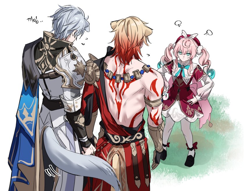 1girl, 2boys, absurdres, animal_ears, aqua_eyes, aqua_hair, b_bcollector, back