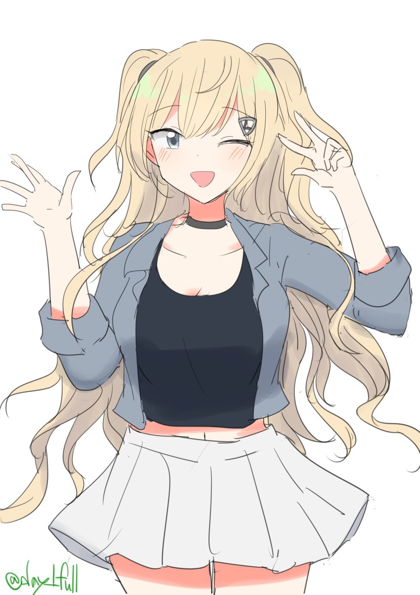 1girl, absurdres, black_choker, black_shirt, blonde_hair, choker, cowboy_shot, denim