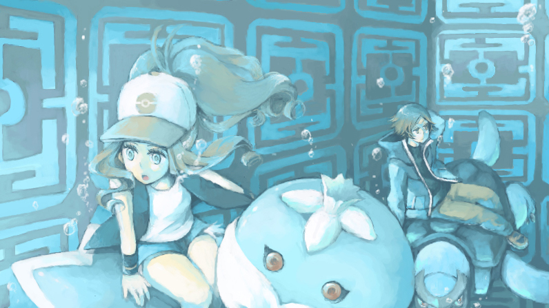 10s, 1boy, 1girl, bad_id, bad_pixiv_id, baseball_cap, blue_eyes, brown_hair, bubble, carracosta, gen_5_pokemon, hat, hilbert_(pokemon), hilda_(pokemon), jacket, jellicent, mayuuuuu, nintendo, missing_headwear, open_mouth, pokemon, pokemon_(creature), pokemon_black_and_white, pokemon_move, ruins, underwater, vest