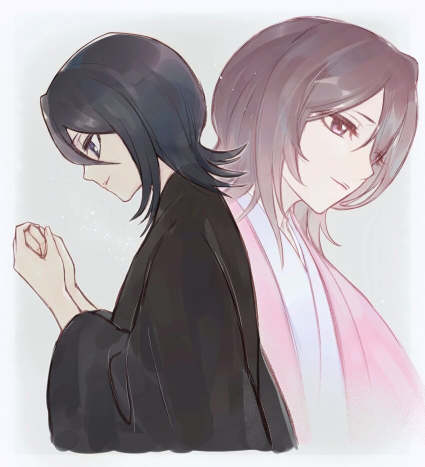 2girls, antatica11, black_hair, black_kimono, bleach, blue_eyes, closed_mouth, commentary