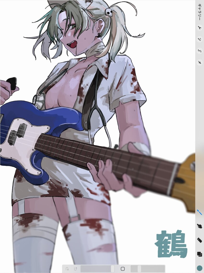 1girl, art_program_in_frame, bandaged_arm, bandaged_leg, bandaged_neck, bandages, bass_guitar, blood