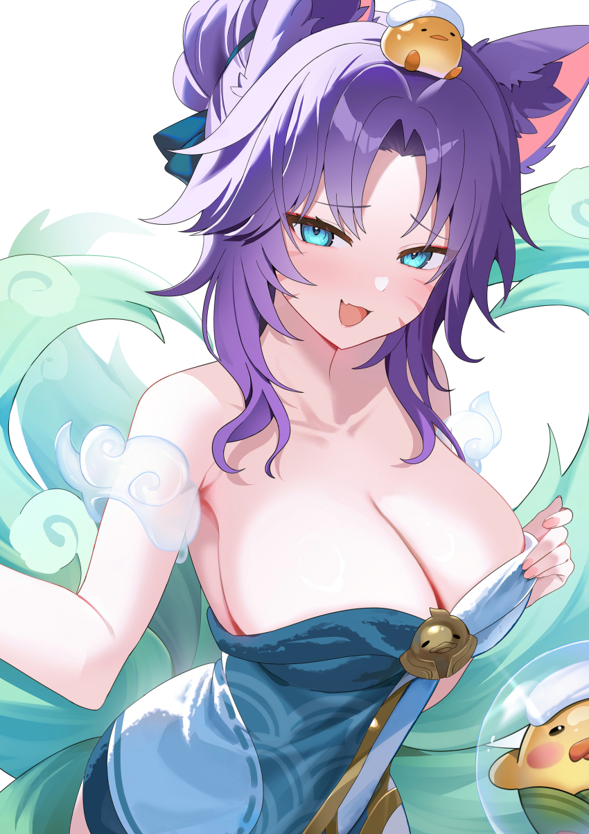 1girl, absurdres, ahri_(league_of_legends), animal_ears, bird, blue_eyes, blush, breasts