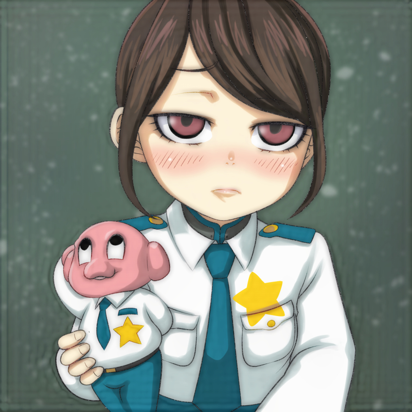 1girl, blue_necktie, blue_pants, blush, breast_pocket, brown_eyes, brown_hair, highres