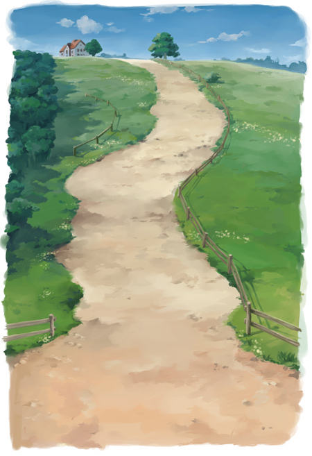 bad_id, bad_pixiv_id, cloud, day, fence, field, hill, house, kow_(k.), landscape, no_humans, road, rural, scenery, sky, tree, wakakusa_monogatari_nan_to_jou_sensei, wooden_fence