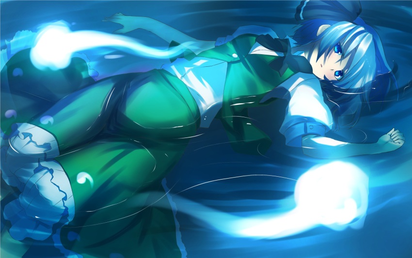 1girl, bad_id, bad_pixiv_id, bloomers, blue_eyes, blue_theme, bow, bowtie, dress_shirt, female_focus, ghost, hairband, highres, hitodama, konpaku_youmu, kotodama, lying, on_back, shirt, short_hair, short_sleeves, skirt, skirt_set, solo, submerged, tenohir, touhou, underwear, vest, water