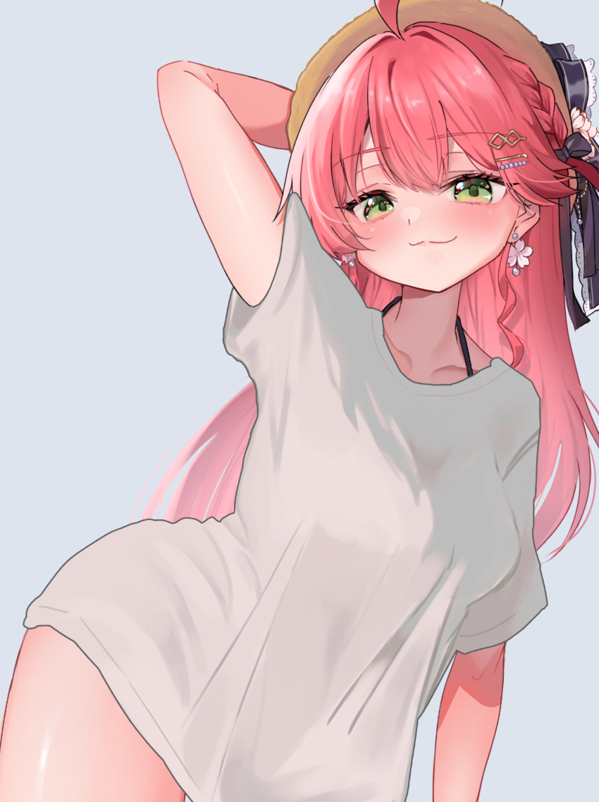 1girl, :3, ahoge, arm_up, bikini, bikini_under_clothes, black_bikini, black_ribbon