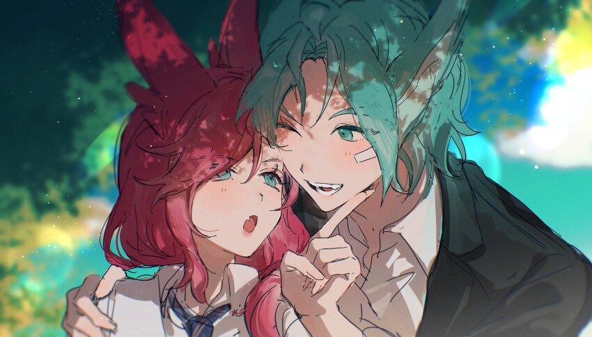 1boy, 1girl, :o, absurdres, alternate_costume, animal_ears, aqua_eyes, aqua_hair