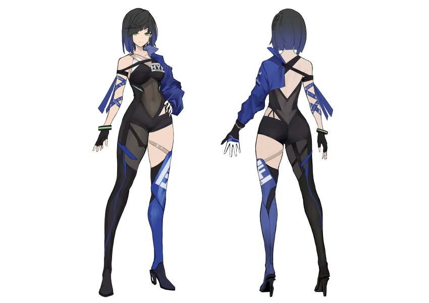 1girl, absurdres, ass, asymmetrical_clothes, black_gloves, blue_hair, bob_cut, bodysuit