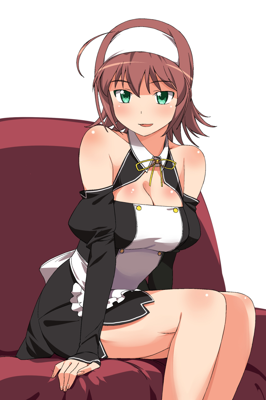 1girl, a1_(initial-g), absurdres, ahoge, arm_support, bare_shoulders, blush, body_blush, breasts, brown_hair, cleavage, cosplay, couch, detached_sleeves, dream_c_club, dream_c_club_(series), female_focus, green_eyes, hairband, highres, kimi_ga_nozomu_eien, large_breasts, mizuhashi_kaori, setsu_(dream_c_club), setsu_(dream_c_club)_(cosplay), short_hair, simple_background, sitting, smile, solo, suzumiya_akane, voice_actor_connection, waitress