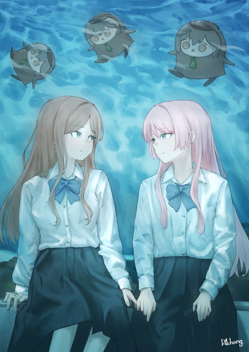 2girls, absurdres, aquarium, bang_dream!, bang_dream!_it's_mygo!!!!!, black_skirt, blue_bow, blue_bowtie