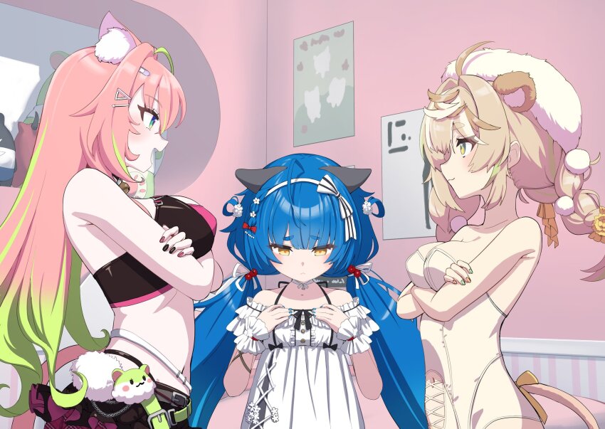 3girls, animal_ear_fluff, animal_ears, bare_shoulders, bell, belt, black_nails, black_shirt