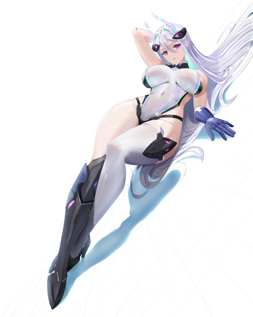 1girl, absurdres, arm_behind_head, arm_up, artknight045, asymmetrical_legwear, azur_lane, breasts, covered_navel, full_body, gloves, hair_between_eyes, highres, kearsarge_(azur_lane), large_breasts, leotard, long_hair, looking_at_viewer, lying, navel, purple_eyes, shadow, simple_background, single_thighhigh, skin_tight, solo, thighhighs, thighs, tight_clothes, white_background, white_hair, white_leotard