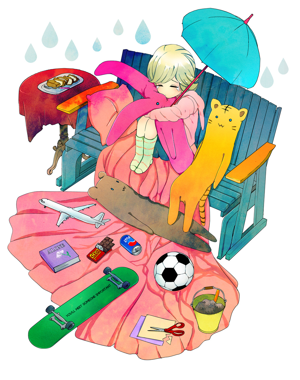 10s, 1boy, aged_down, aircraft, airplane, bad_id, bad_pixiv_id, ball, barnaby_brooks_jr., bench, blanket, book, bucket, cake, candy, child, chocolate, chocolate_bar, closed_eyes, food, fork, fujisaki, highres, male_focus, paper, pillow, rain, sand, scissors, shovel, skateboard, soccer_ball, socks, soda, solo, striped_clothes, striped_socks, stuffed_animal, stuffed_rabbit, stuffed_tiger, stuffed_toy, tears, teddy_bear, telstar, tiger_&amp;_bunny, toy, toy_airplane, trowel, umbrella, worktool