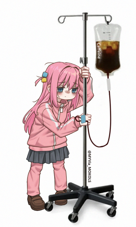 1girl, bags_under_eyes, black_skirt, blue_eyes, bocchi_the_rock!, brown_shoes, closed_mouth, coffee