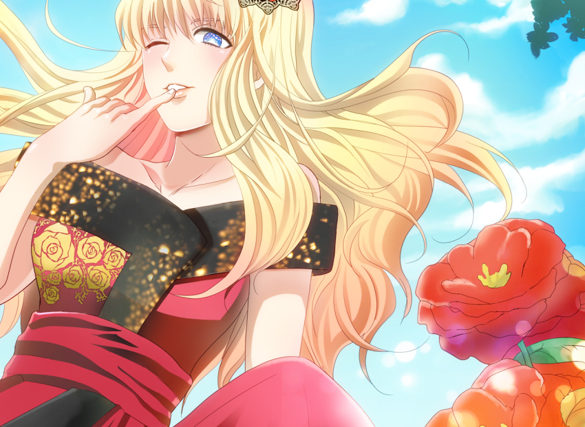 1girl, bad_id, bad_pixiv_id, bare_shoulders, blonde_hair, blue_eyes, dress, female_focus, flower, fujisaki, hair_ornament, macross, macross_frontier, nature, outdoors, plant, sheryl_nome, sky, solo, wink
