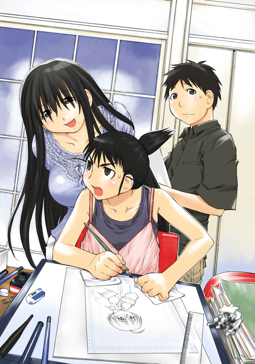1boy, 2girls, art_supplies, behind_another, black_eyes, black_hair, blouse, blue_shirt