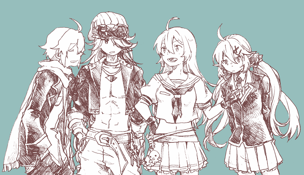 2boys, 2girls, :d, abs, ahoge, animal_charm, another_eden, arm_at_side