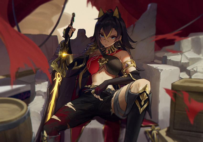 1girl, arm_armor, armlet, asymmetrical_clothes, beacon_of_the_reed_sea_(genshin_impact), belt, black_belt, black_gloves, black_hair, blonde_hair, blood, blood_on_clothes, blood_on_gloves, blue_eyes, boots, breasts, commentary, criss-cross_halter, crossed_bangs, crossed_belts, dark-skinned_female, dark_skin, dehya_(genshin_impact), earrings, elbow_gloves, elbow_rest, english_commentary, fingerless_gloves, genshin_impact, gloves, gold_choker, hair_between_eyes, hair_ears, hair_intakes, halterneck, highres, holding, holding_sword, holding_weapon, jewelry, knee_boots, large_breasts, long_hair, looking_at_viewer, multicolored_hair, multiple_thigh_straps, pants, red_lips, single_bare_shoulder, single_earring, single_pantsleg, sitting, solo, spread_legs, streaked_hair, sword, thigh_strap, thighs, torn_clothes, torn_pants, two-tone_hair, very_long_hair, vyva, weapon