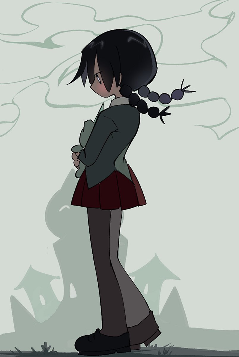 1girl, black_eyes, black_shoes, braid, bright_pupils, brown_pantyhose, castle, defect_mogeko