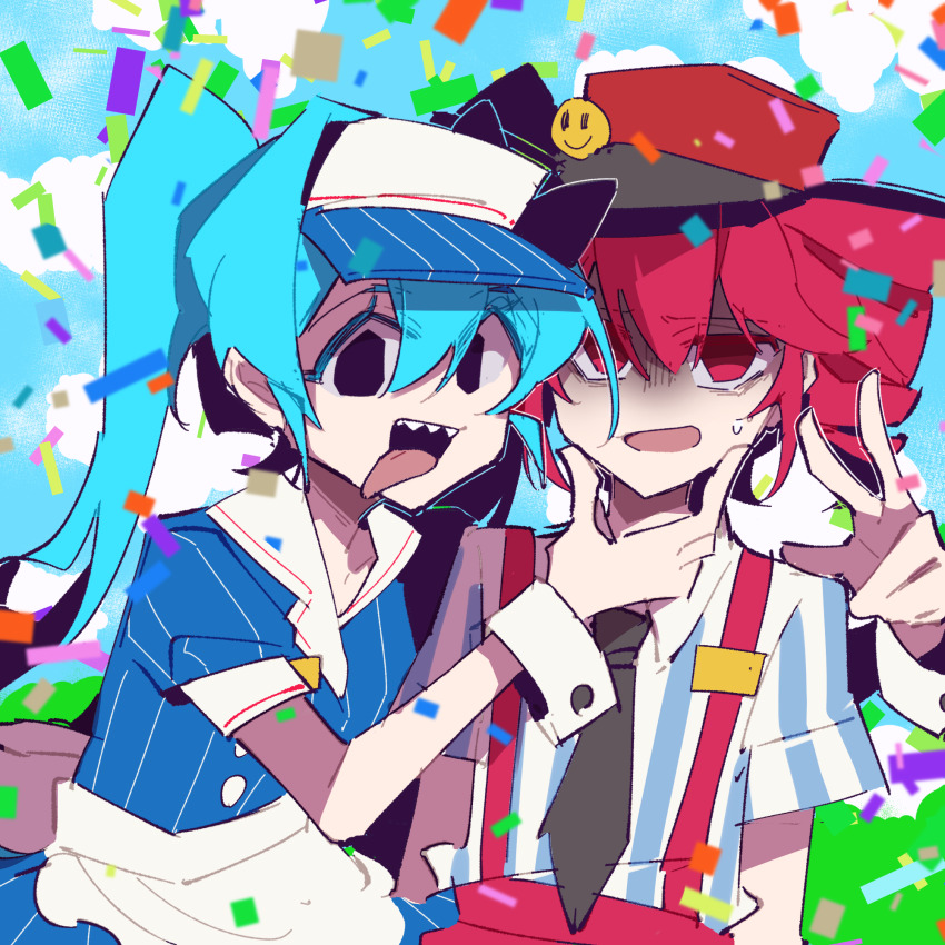 2girls, apron, bags_under_eyes, black_eyes, black_necktie, blue_dress, blue_hair, cloud