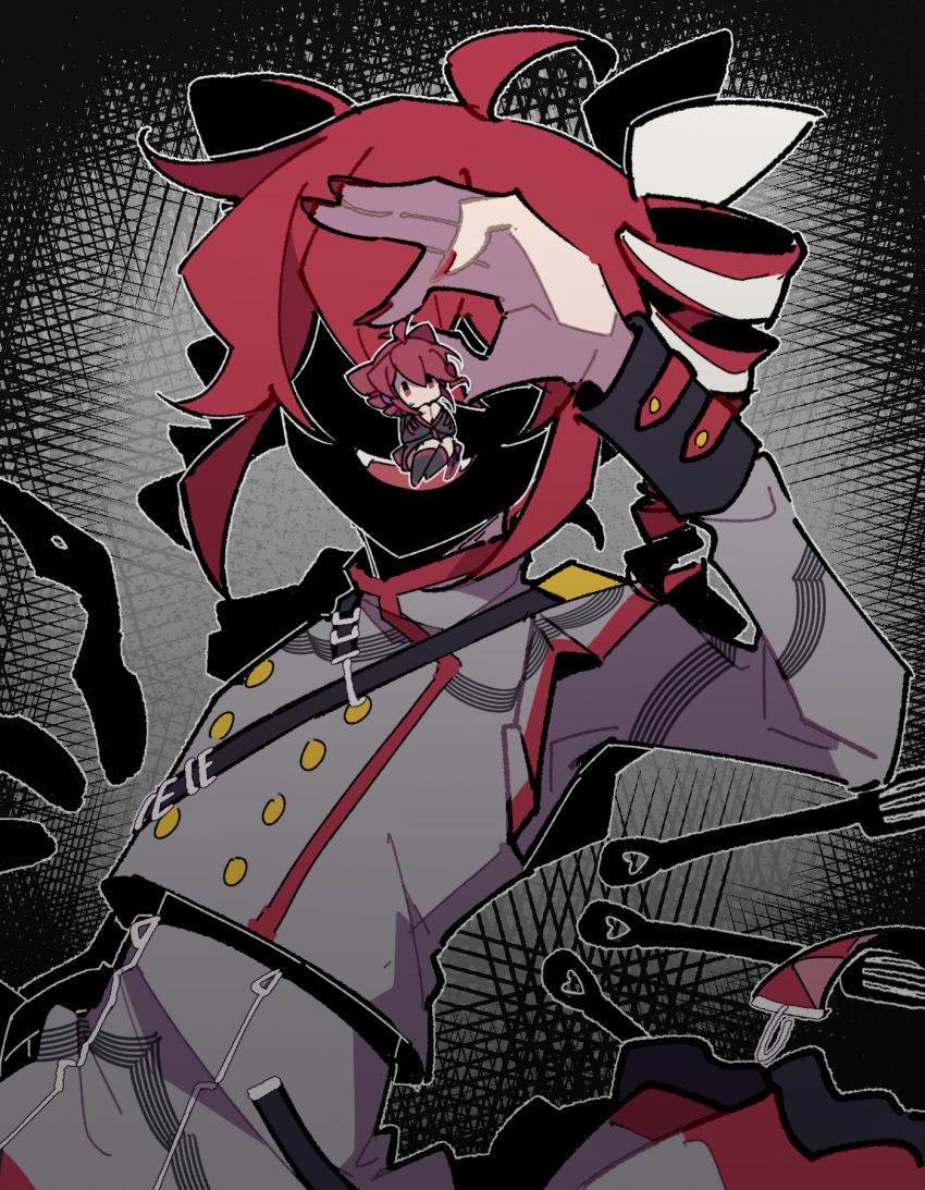 2girls, ahoge, binomi_(vocaloid), bow, drill_hair, dual_persona, grey_jacket, grey_skirt