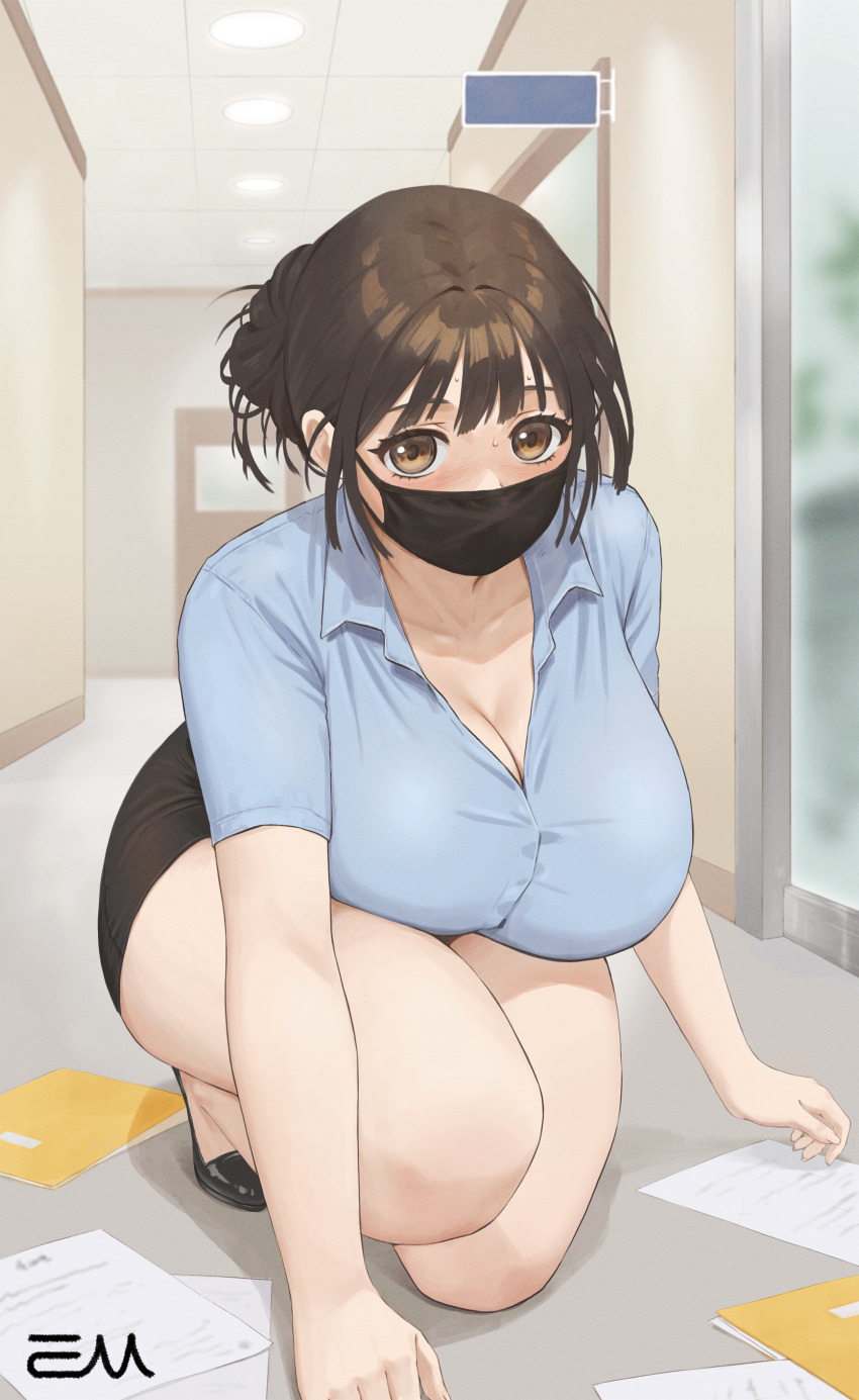 1girl, absurdres, black_shoes, black_skirt, blue_shirt, blush, breasts, brown_eyes
