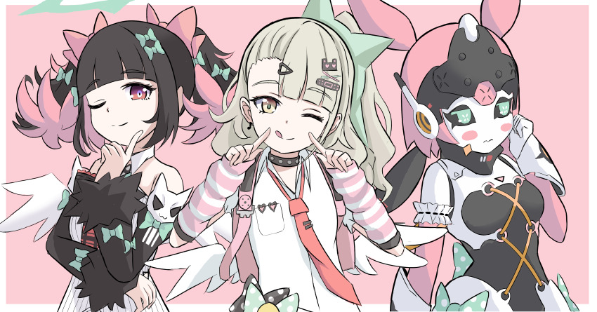 3girls, absurdres, angels_of_delusion, aria_(robot)_(zenless_zone_zero), aria_(zenless_zone_zero), arm_warmers, asymmetrical_bangs, backpack, bag, bare_shoulders, black_hair, black_sclera, blush_stickers, bow, choker, colored_sclera, edo-sensei, feathered_wings, green_bow, green_eyes, green_hair, hair_bow, hair_ornament, hairpin, halo, highres, humanoid_robot, idol, joints, long_hair, looking_at_viewer, multicolored_hair, multiple_girls, multiple_hairpins, nangong_yu, necktie, one_eye_closed, pink_bag, pink_hair, randoseru, red_necktie, robot, robot_girl, robot_joints, shirt, simple_background, smile, striped_arm_warmers, sunna_(zenless_zone_zero), twintails, two-tone_hair, white_shirt, wings, zenless_zone_zero