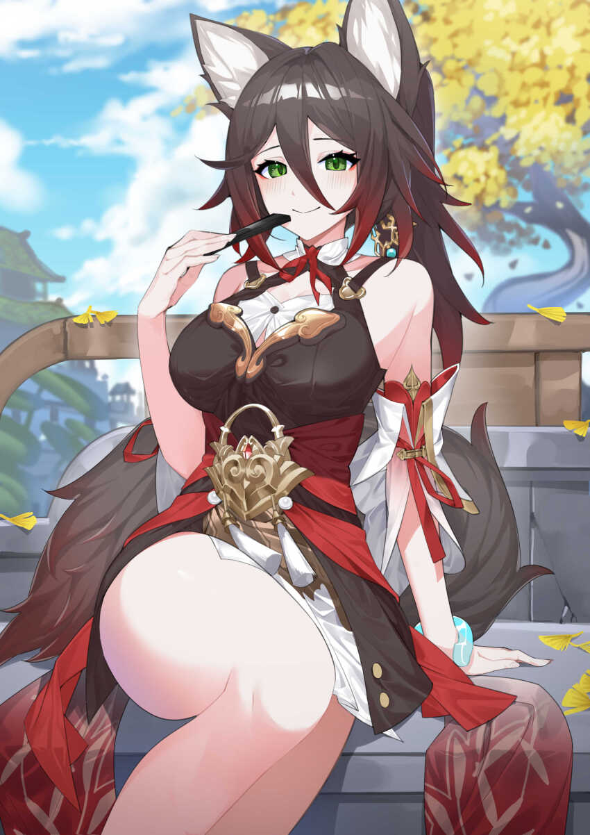 1girl, absurdres, animal_ear_fluff, animal_ears, bare_shoulders, blush, breasts, brown_hair