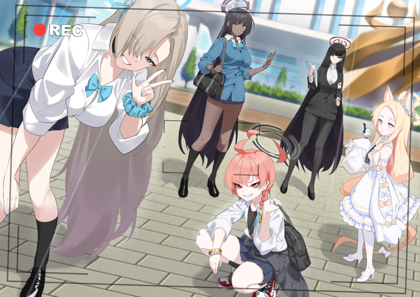 5girls, absurdres, ahoge, animal_ears, aqua_bow, aqua_bowtie, asuna_(blue_archive), asuna_(school_uniform)_(blue_archive)