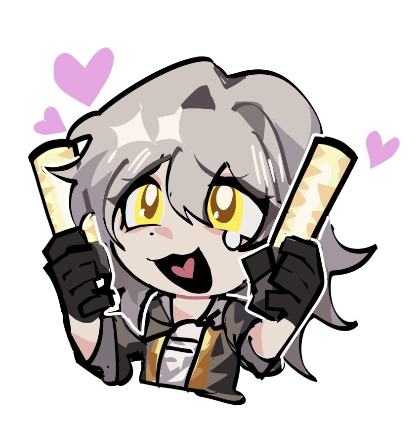 1girl, :d, black_gloves, black_jacket, chibi, commentary, english_commentary, gloves