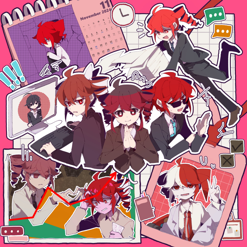 +++, 6+girls, absurdres, ahoge, angry, animal_ears, aqua_necktie, ataman_ita_(synthesizer_v), black_hair, black_jacket, black_necktie, blister_pack, brown_jacket, brown_shoes, calendar_(object), chibi, clenched_teeth, clock, closed_mouth, collared_shirt, computer_keyboard, computer_mouse, drill_hair, flying_sweatdrops, gloom_(expression), hataraite_mo_(synthesizer_v), highres, id_card, inochi_mijikashi_koiseyo_otome_(utau), jacket, jiu_(jiu076), kasane_teto, kasane_teto_(sv), kasane_teto_(utau), lab_coat, liar_dancer_(synthesizer_v), looking_at_viewer, monitor, mouse_ears, multicolored_hair, multiple_girls, multiple_persona, narenai_(synthesizer_v), necktie, open_mouth, outline, own_hands_clasped, own_hands_together, paper, red_eyes, red_hair, shirt, shoes, smile, speech_bubble, sunglasses, sweatdrop, synthesizer_v, taihaiteki_jinsei_sanka_(utau), teeth, tripping, twin_drills, two-tone_hair, utau, v, wanderung_(synthesizer_v), waving, white_hair, white_outline, white_shirt