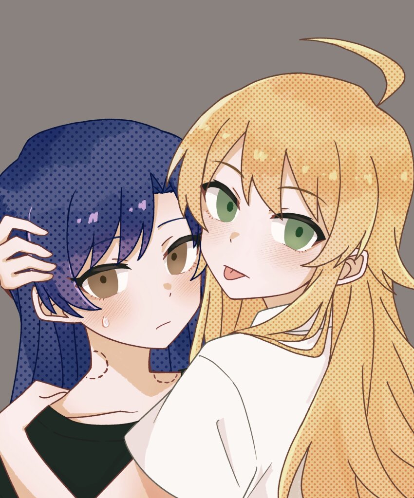 2girls, :p, absurdres, ahoge, bite_mark, bite_mark_on_neck, black_shirt, blonde_hair, blue_hair, blush, brown_eyes, chiwawa174, closed_mouth, commentary, green_eyes, grey_background, hand_on_another's_head, hand_on_another's_shoulder, hickey, highres, hoshii_miki, hug, idolmaster, idolmaster_(classic), kisaragi_chihaya, long_hair, looking_at_viewer, looking_back, multiple_girls, shirt, short_sleeves, simple_background, sweatdrop, untranslatable_commentary, tongue, tongue_out, white_shirt, yuri