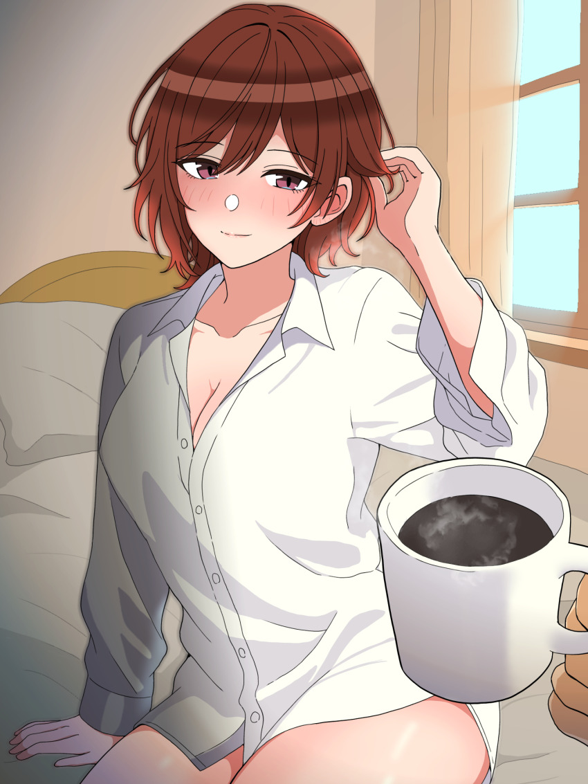 1girl, aketa_mikoto, arm_support, blush, borrowed_clothes, breasts, brown_hair, cleavage, coffee, collarbone, cup, dress_shirt, highres, holding, holding_cup, hondy_(hondycore), idolmaster, idolmaster_shiny_colors, large_breasts, light_smile, looking_at_viewer, morning_after, mug, no_pants, on_bed, open_collar, pov, pov_hands, shirt, sitting, solo, steam, thighs, white_shirt