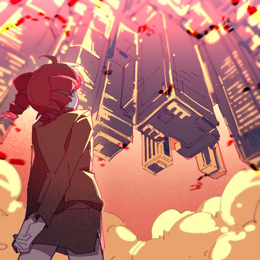 1girl, ahoge, arms_behind_back, brown_jacket, brown_skirt, building, cloud, drill_hair