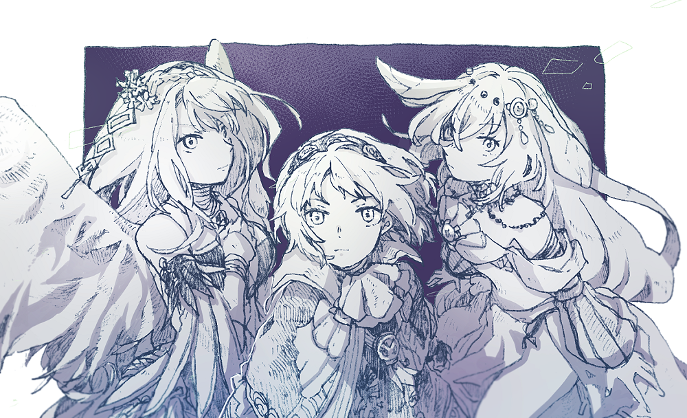 3girls, another_eden, ascot, bandeau, bare_shoulders, border, breasts, capelet, closed_mouth, commentary_request, detached_sleeves, dress, feathered_wings, floating_hair, flower, from_above, hair_flaps, hair_flower, hair_ornament, hairband, hand_on_own_chest, hatching_(texture), jewelry, linear_hatching, long_hair, looking_at_viewer, looking_to_the_side, looking_up, medium_breasts, melina_(another_eden), michibata_65, milsha_(another_eden), mistrare_(another_eden), monochrome, multiple_girls, necklace, outside_border, puffy_sleeves, purple_background, purple_theme, short_hair, side_slit, sideways_glance, simple_background, skirt, sleeveless, sleeveless_dress, standing, stomach, v-shaped_eyebrows, very_long_hair, white_border, wings