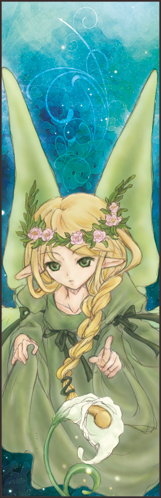 1girl, aries_end, blonde_hair, blue_background, braid, calla_lily, closed_mouth, commentary_request