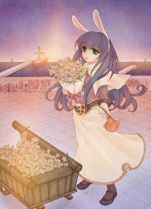 1girl, acolyte_(ragnarok_online), animal_ears, aries_end, black_shoes, blue_sky, boat, bouquet, brown_shirt, brown_socks, capelet, clear_sky, closed_mouth, commentary_request, dock, fake_animal_ears, flower, full_body, green_eyes, holding, holding_bouquet, in-universe_location, long_hair, long_sleeves, looking_at_viewer, orange_flower, outdoors, pier, pullcart, purple_hair, ragnarok_online, shirt, shoes, skirt, sky, smile, socks, solo, sunset, textless_version, watercraft, white_capelet, white_flower, white_skirt