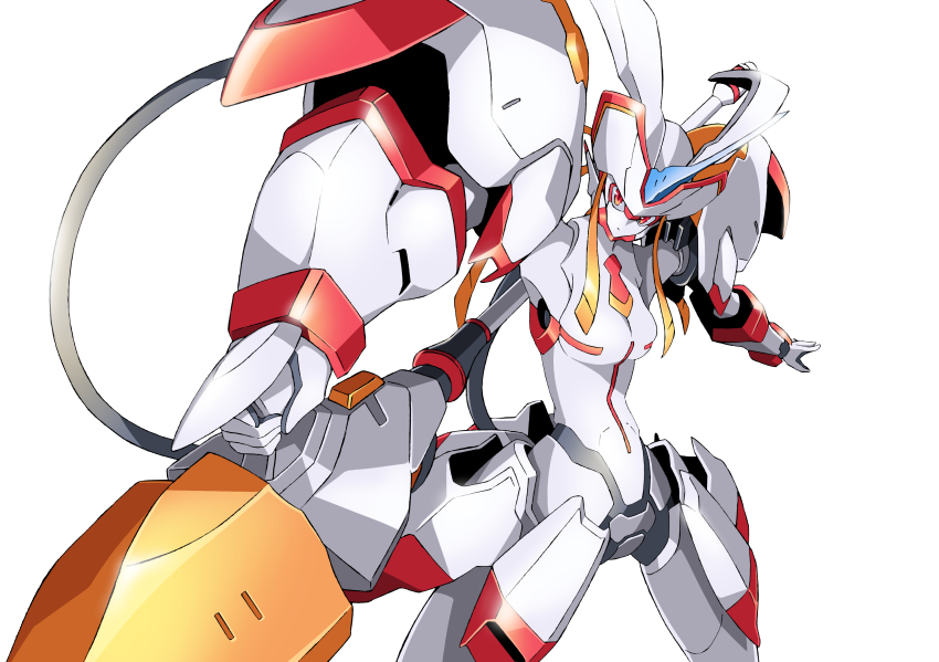 1girl, absurdres, artificial_eye, darling_in_the_franxx, highres, holding, holding_polearm, holding_weapon, horns, humanoid_robot, kumichou_(ef65-1118-ef81-95), lance, looking_at_viewer, mecha, mechanical_arms, mechanical_eyes, mechanical_hands, mechanical_horns, mechanical_neck, mechanical_necktie, mechanical_skirt, necktie, pleated_skirt, polearm, robot, robot_girl, simple_background, single_horn, single_mechanical_eye, single_mechanical_horn, skirt, strelizia, weapon, white_background