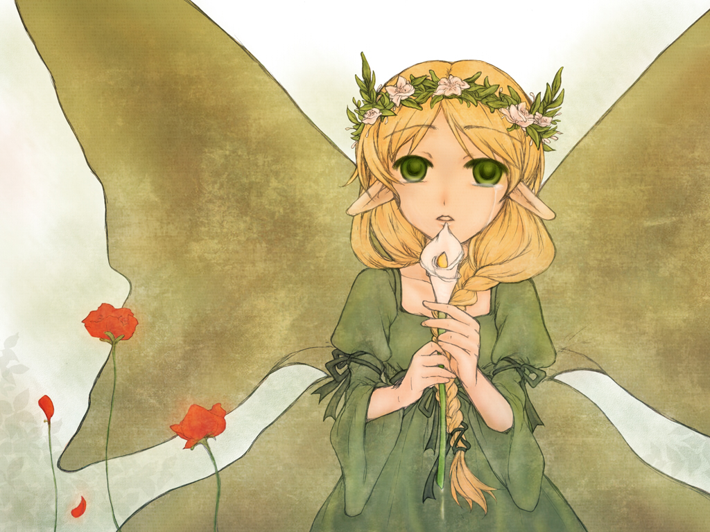 1girl, aries_end, blonde_hair, braid, calla_lily, commentary_request, dress, flower