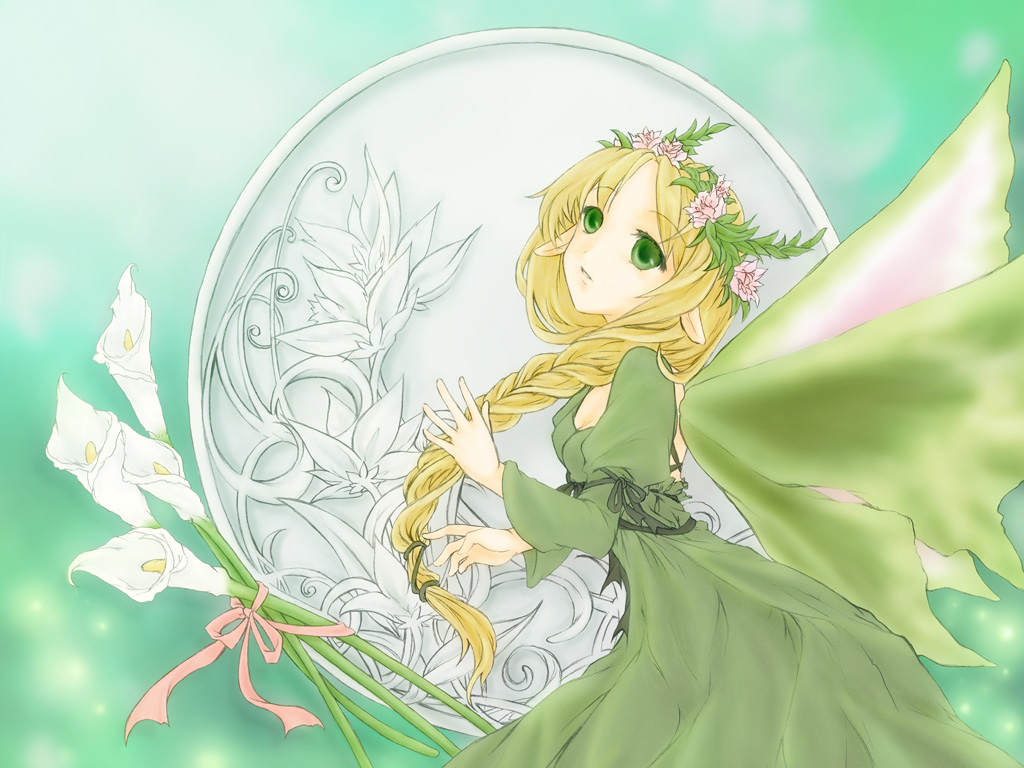 1girl, aries_end, blonde_hair, braid, calla_lily, commentary_request, cowboy_shot, dress