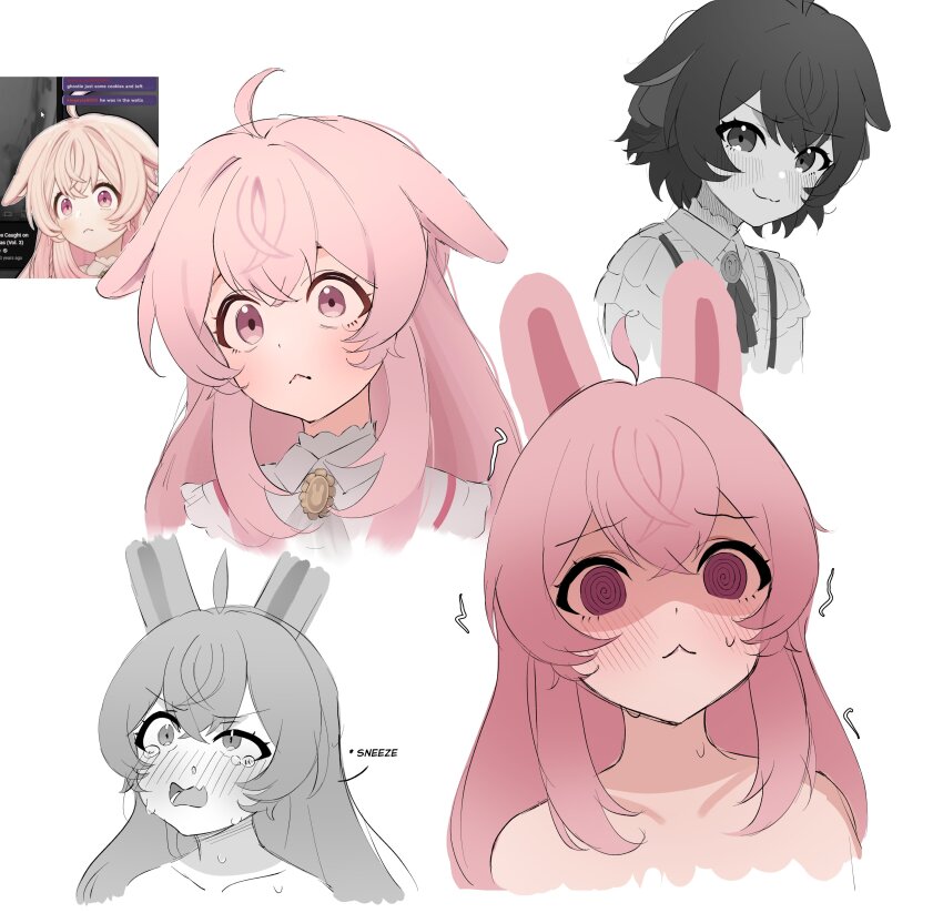 1girl, :3, absurdres, ahoge, anyormal, blush, greyscale, highres