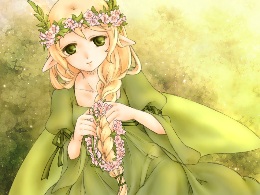 1girl, aries_end, blonde_hair, braid, closed_mouth, commentary_request, cowboy_shot, dress