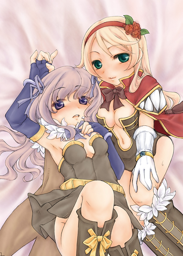2girls, alchemist_(ragnarok_online), aries_end, armpits, artist_collaboration, back_cover, blonde_hair, blue_gloves