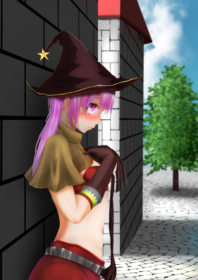 1girl, bikini, bikini_top_only, blue_sky, blush, breasts, brown_capelet, brown_gloves