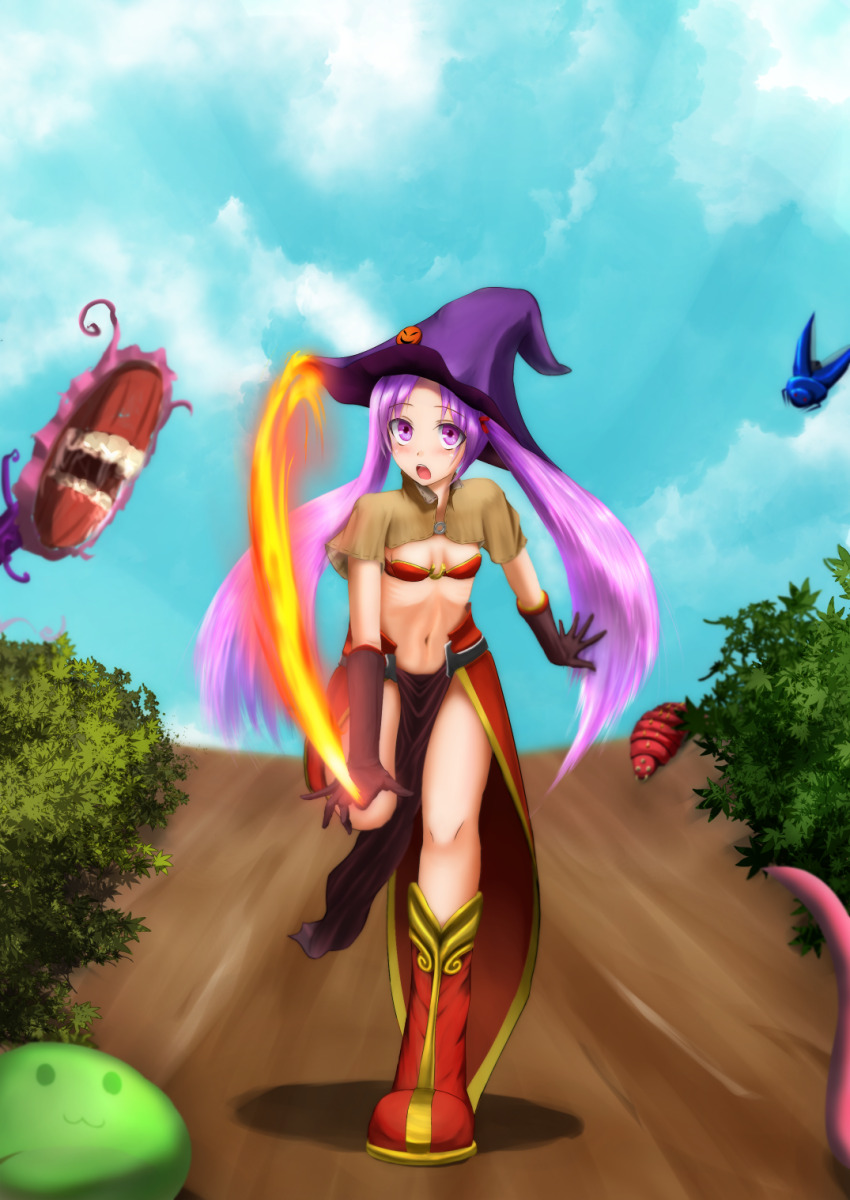 1girl, bikini, bikini_top_only, blue_sky, blush, boots, breasts, brown_capelet