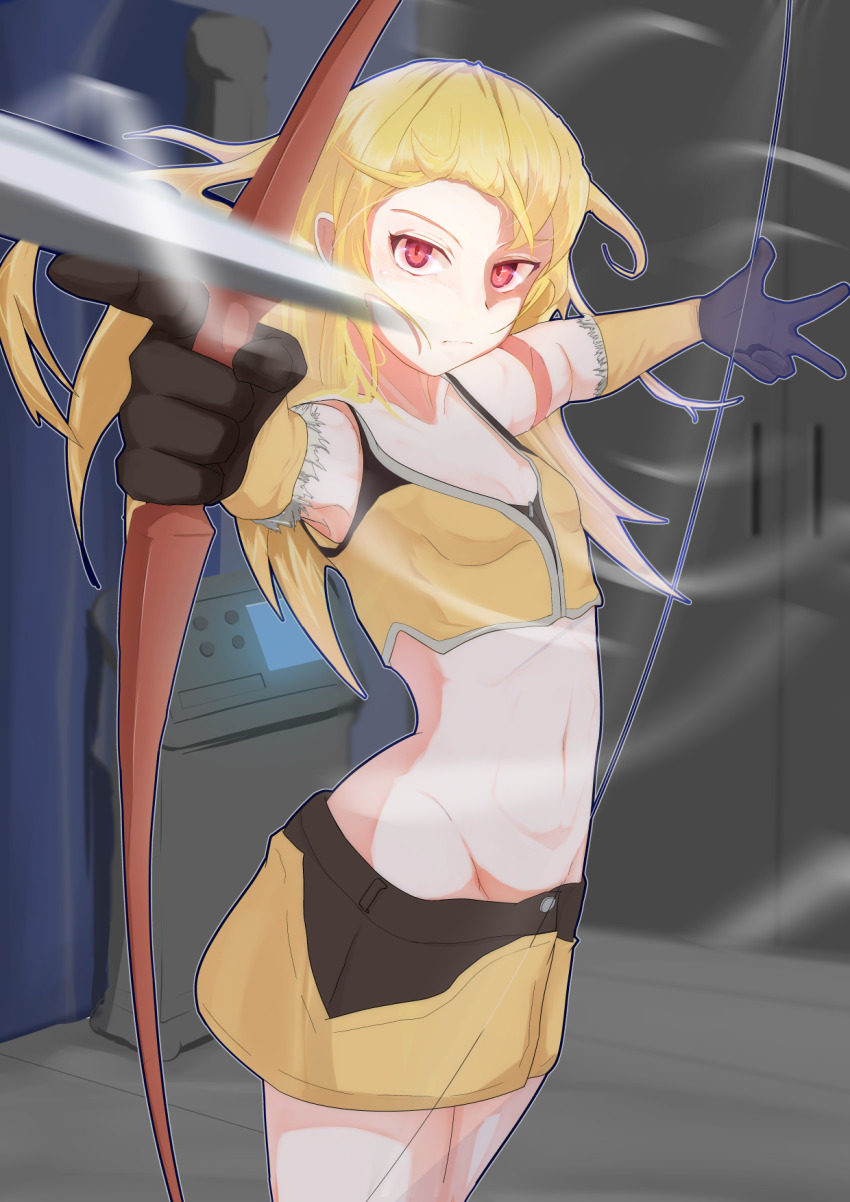 1girl, arrow_(projectile), bio_lab, black_gloves, black_shirt, black_shorts, blonde_hair, blunt_bangs