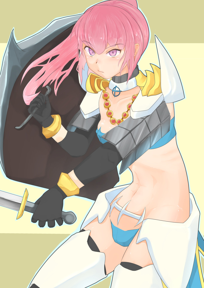 1girl, armor, bikini_armor, black_gloves, black_thighhighs, blush, breasts, commentary_request