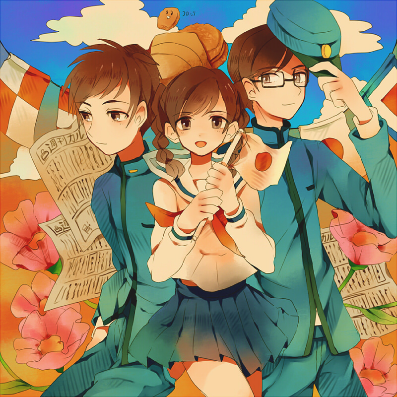1girl, 2boys, bad_id, bad_pixiv_id, braid, brown_hair, flag, flower